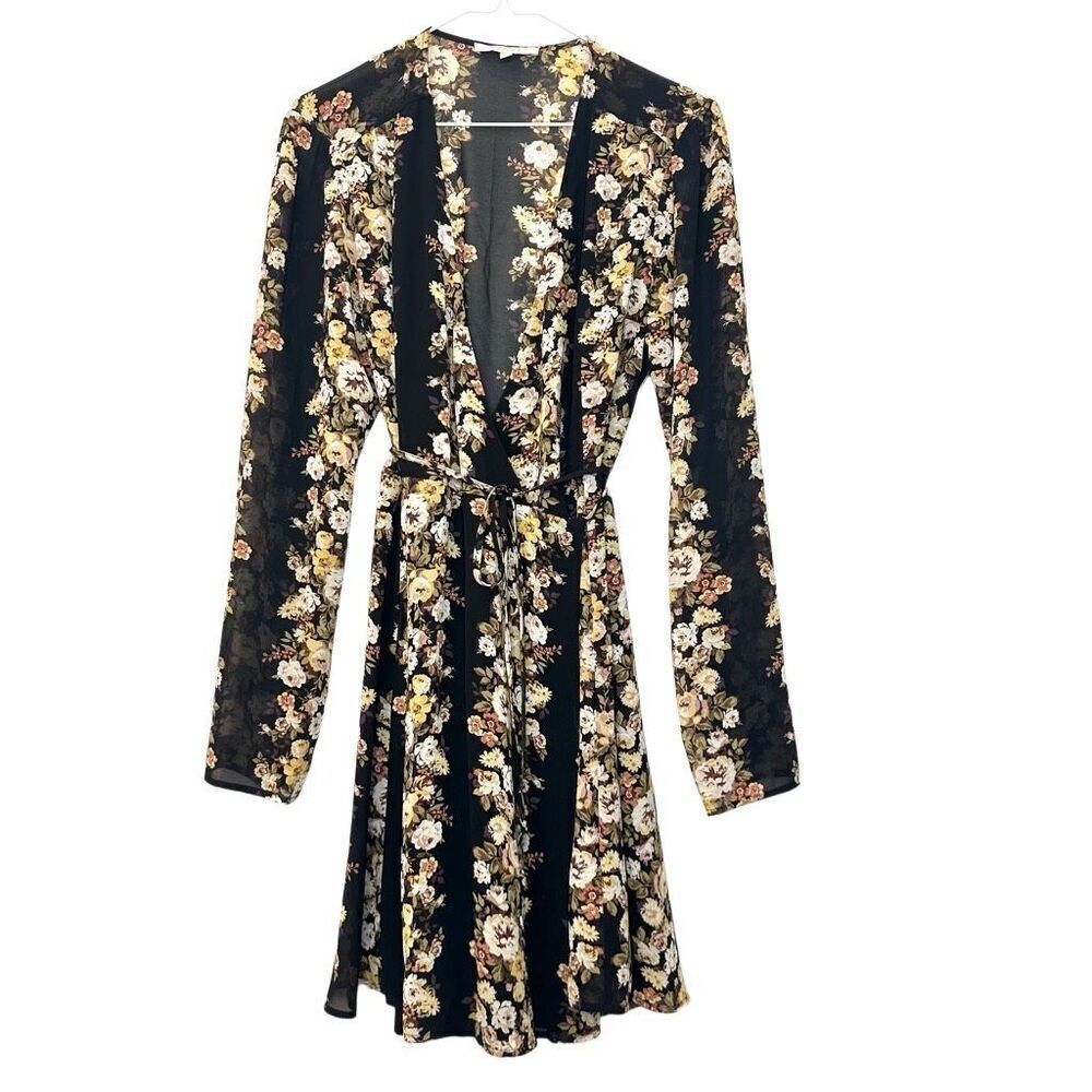 WAYF Floral Belted Surplice Neck Long Sleeve Wrap Dress Multicolor Size Large
